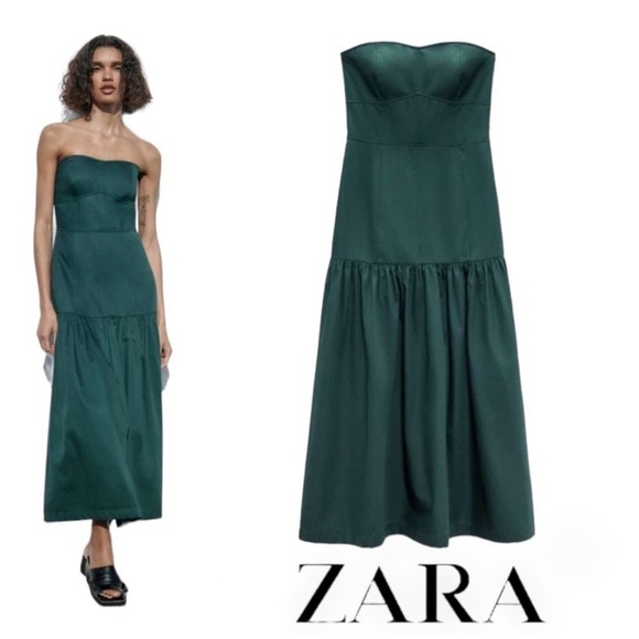 ZARA TOPSTITCHED MIDI DRESS emerald dress with top stitching, strapless bustier - Picture 2 of 16